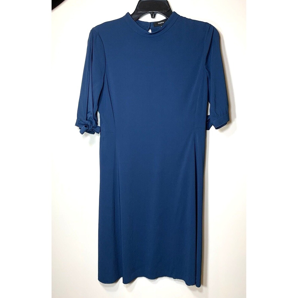 Theory Dress Womens 6 Navy Blue Shift Crepe Short‎ Sleeve Cold Shoulder Bow